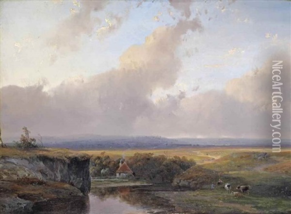 A Panoramic River Landscape With A Shepherd And His Flock Resting Near A Water Mill Oil Painting - Andreas Schelfhout