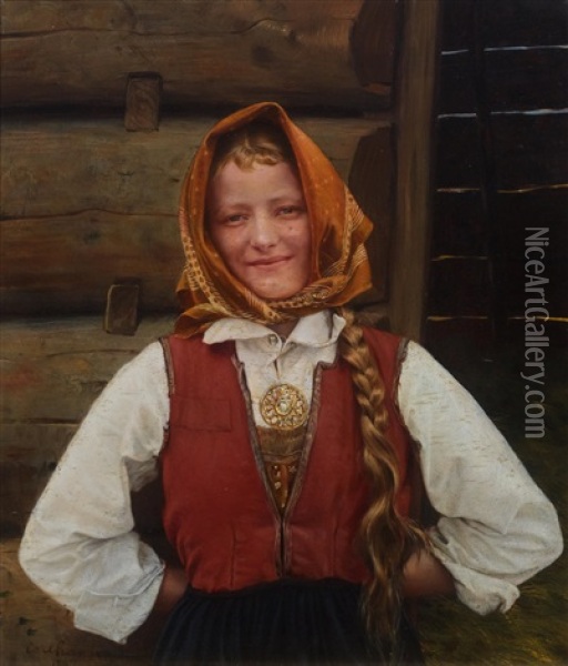 Young Woman In Rural Costume Oil Painting - Karl Frederick Sundt-Hansen