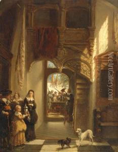 Historic Scene With A 'schutterij' In The Background Oil Painting - Johannes Anthonie Balthasar Stroebel