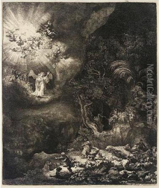 The Angel Appearing To The Shepherds (b., Holl.44; H.120; Bb.34-j) Oil Painting - Rembrandt Van Rijn