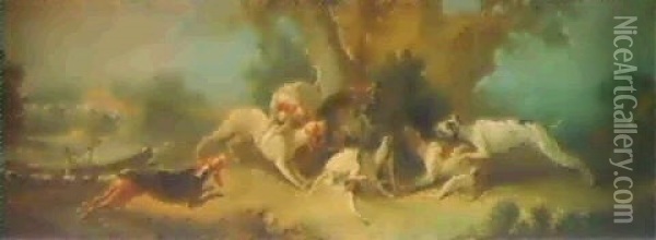 Hounds Attacking A Wolf In A River Landscape Oil Painting - Jean-Baptiste Oudry
