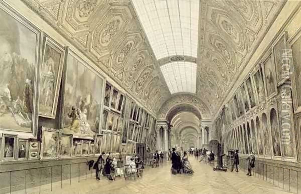 View of the Great Gallery at the Louvre Oil Painting - Louis Jules Arnout