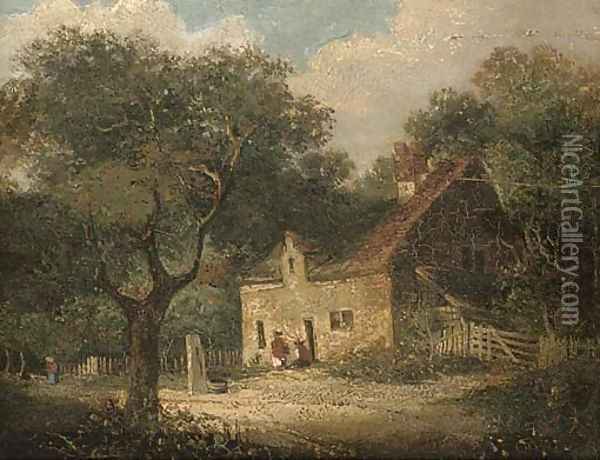 Figures outside a woodland cottage; and Figures before a country cottage Oil Painting - English School