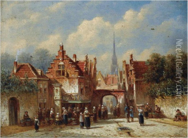 A Sunlit Square With Figures By A Water Pump Oil Painting - Pieter Gerard Vertin