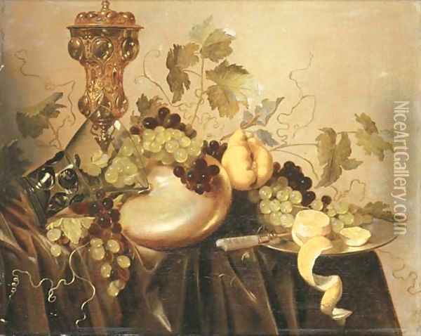 A silver-gilt cup and cover, an upturned roemer resting on a nautilus shell, grapes on the vine and a partly-peeled lemon with a knife Oil Painting - Pieter Nason
