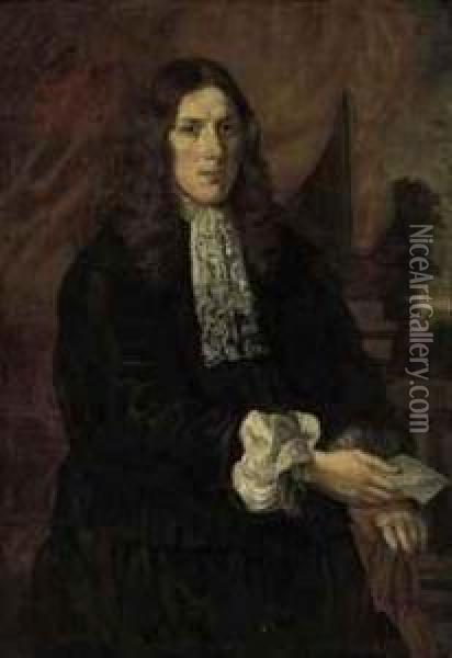 Portrait Of A Gentleman Traditionally Identified As James Cook(1669 - ?1703), Half-length, In A Black Doublet And Pantaloons Anda Lace Jabot Holding A Manuscript In His Right Hand, A Landscapebeyond Oil Painting - Pieter Nason