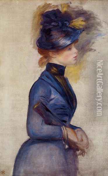 Young Woman In Bright Blue At The Conservatory Oil Painting - Pierre Auguste Renoir