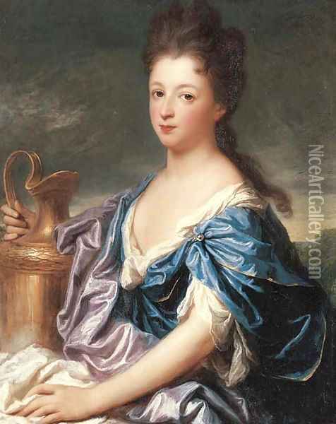 Portrait of a lady, said to be the Marquise d'Epinay as Hebe, half-length, in a blue dress, holding an urn Oil Painting - Jean-Baptiste Santerre