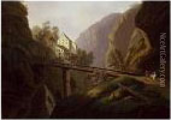 A Mountainous Landscape With A Bridge Crossing A Ravine Oil Painting - Johann Caspar Rahn