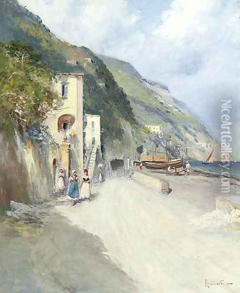 A fishing village on the Amalfi coast Oil Painting - Oscar Ricciardi