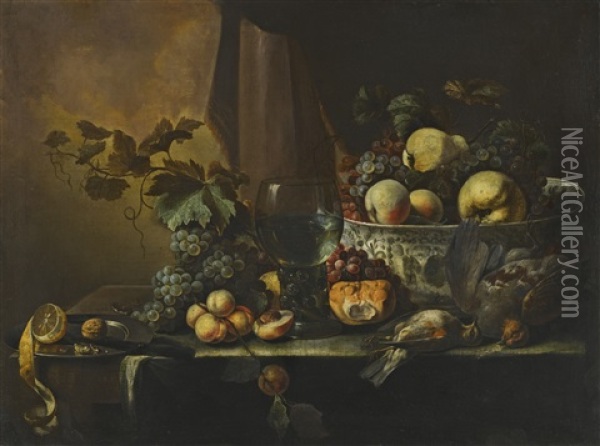 Still Life Of Fruits Including Peaches, Grapes, A Pear, And A Lemon With Assorted Game Arranged On A Table Ledge With A Roemer And A Porcelain Bowl Oil Painting - Michiel Simons