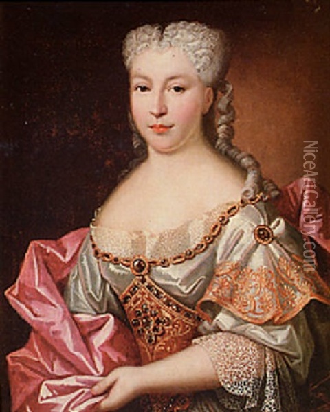 Portrait Of A Lady Wearing A White Embroidered Dress With Lace Trim And A Pink Wrap Oil Painting - Antoine Pesne