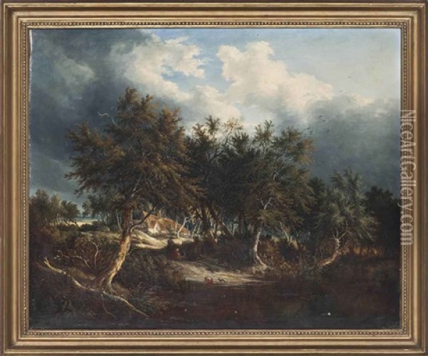 A Wooded River Landscape With Figures On The Bank Oil Painting - Samuel David Colkett