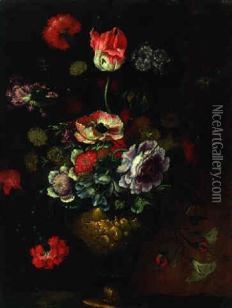 A Rose, Tulips, Carnations And Other Flowers In A Bronze Urn On A Rock Oil Painting - Bartolome Perez
