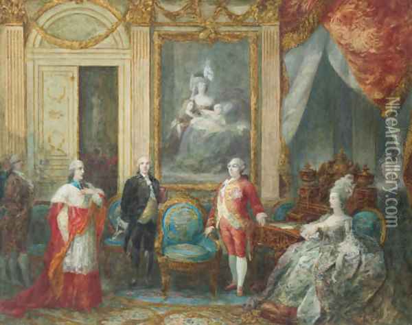 Louis XVI and his wife Marie Antoinette receiving a cardinal Oil Painting - Joseph Navlet