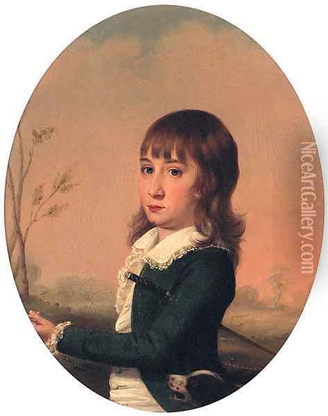 Portrait of a Boy, small half-length, in a green jacket and white shirt Oil Painting - English School