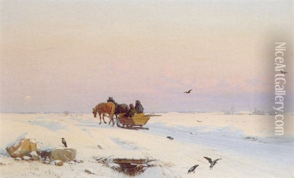 Sledging In A Winter Landscape Oil Painting - Hans Gabriel Friis