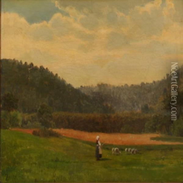 Landscape With A Girl And Her Cattle Oil Painting - Wilhelm Zillen