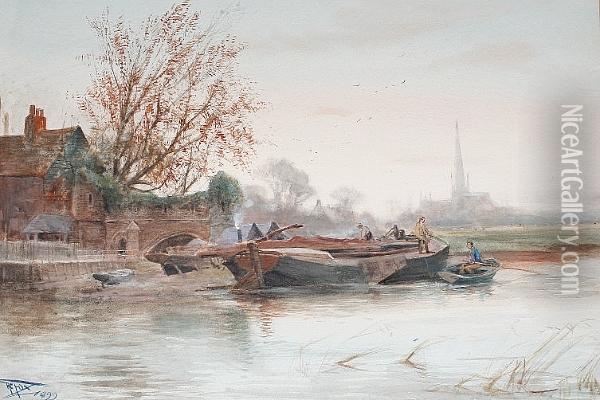 On The Broads; In The Shadow Of The Cathedral Oil Painting - Henry Charles Fox