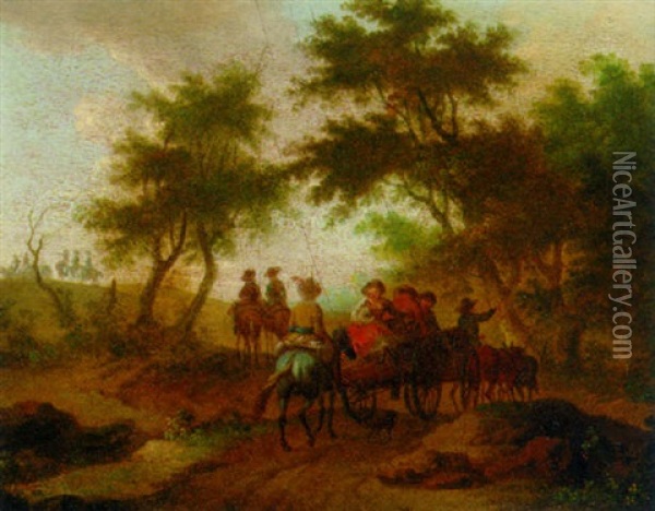 Travellers On Horseback With A Horse-drawn Cart Traversing A Wooded Track Oil Painting - Franz de Paula Ferg