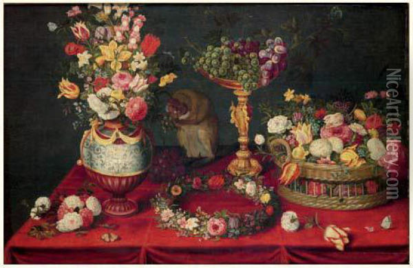 Nature Morte, Fruits, Fleurs Et Singe Oil Painting - Ambrosius Brueghel