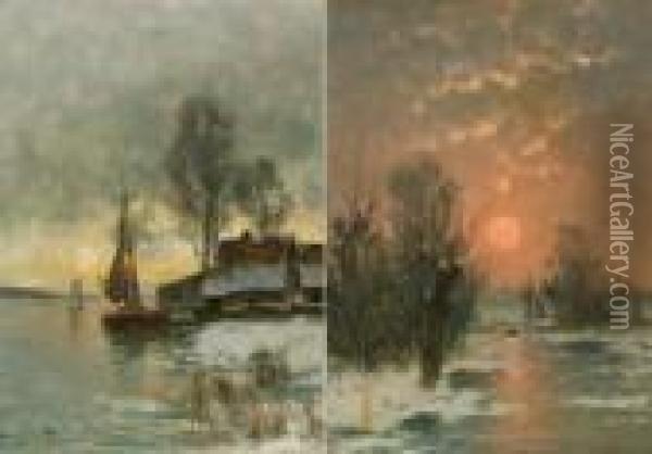 Uferlandschaft Mit Hausern Und Boot Bei Dammerung; Winterlandschaft Bei Sonnenuntergang Oil Painting - Johann Jungblutt