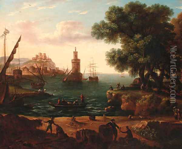 A coastal inlet with moored shipping and stevedores on a bank Oil Painting - Claude Lorraine R.W Nursey