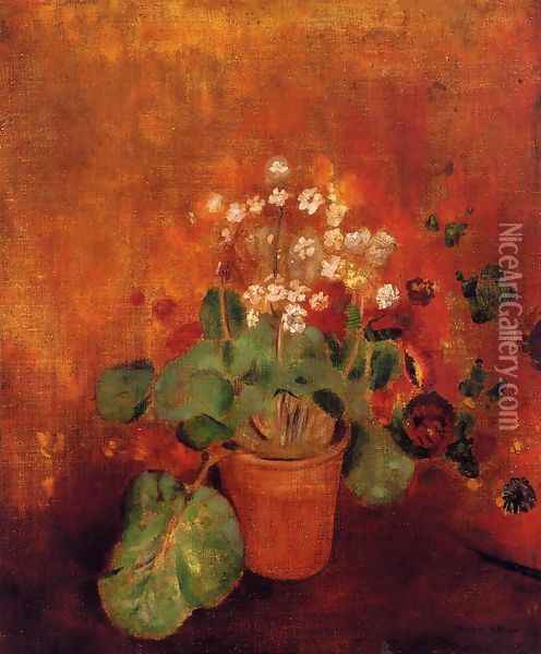 Flowers In A Port On A Red Background Oil Painting - Odilon Redon