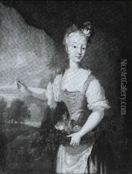 A Portrait Of A Young Lady, Three-quarter Length, Standing  Before A Landscape, Holding A Basket Of Fruit Oil Painting - Antoine Pesne