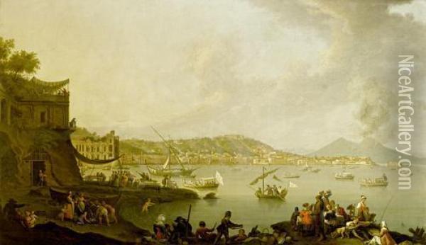 A View Of The Bay Of Naples From Posillipolooking South With The Palazzo Donn'anna, The Castel Dell'ovo Andvesuvius Beyond Oil Painting - Pietro Fabris