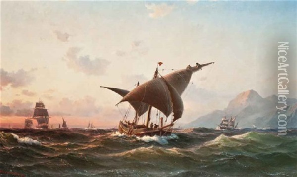 A Spanish Xebec And Other Commercial Craft In The Mediterranean Off Gibraltar At Sunset Oil Painting - Vilhelm Melbye