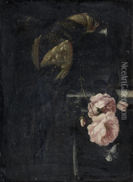 A Parrot On A Stone Ledge With Roses And A Butterfly Oil Painting - Andrea Scacciati