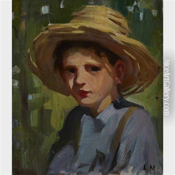 Boy With A Straw Hat Oil Painting - Laura Adeline Muntz