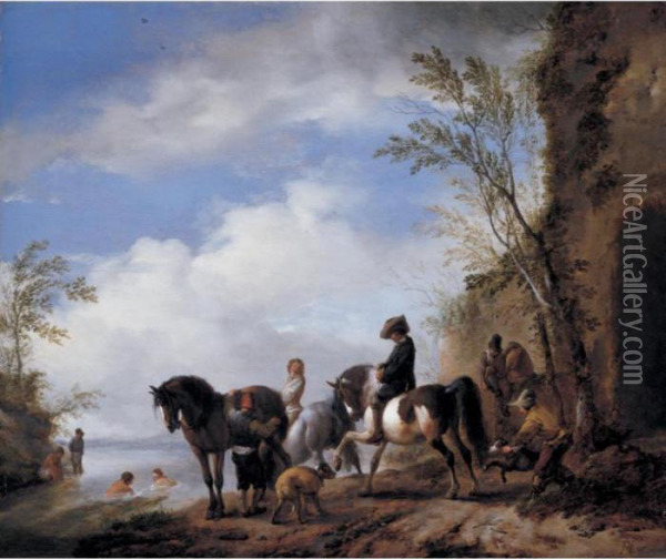 Horsemen And Other Figures Halted By On A Riverbank Next To Ruins, Bathers In The River Oil Painting - Pieter Wouwermans or Wouwerman