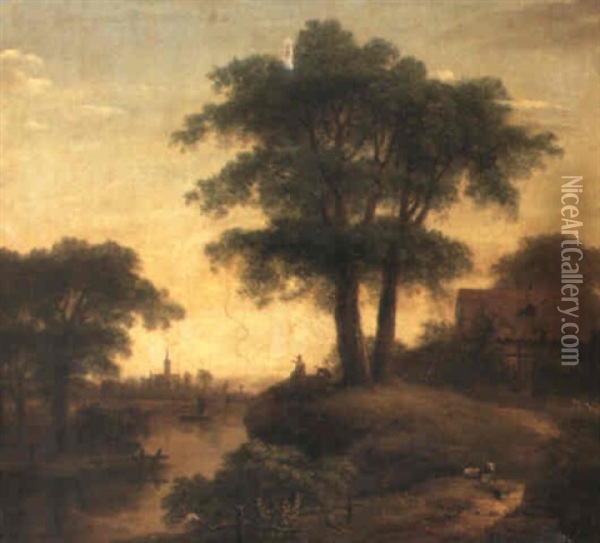 A Wooded River Landscape, With Country Folk, And A Town And Church Beyond Oil Painting - George Lambert