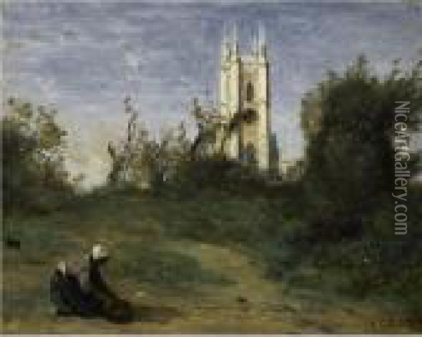 Paysage A La Tour Blanche, Souvenir De Crecy Oil Painting - Jean-Baptiste-Camille Corot