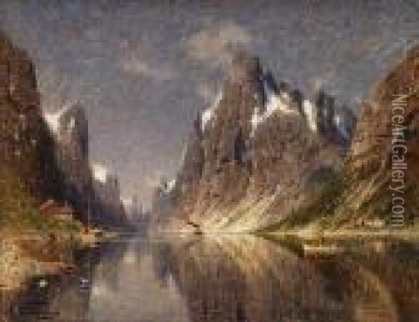 Fjordparti Med Dampbat Olje Pa Lerret Oil Painting - Adelsteen Normann