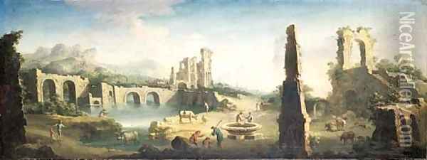 An extensive river landscape with herdsmen and cattle among classical ruins Oil Painting - Gennaro Greco