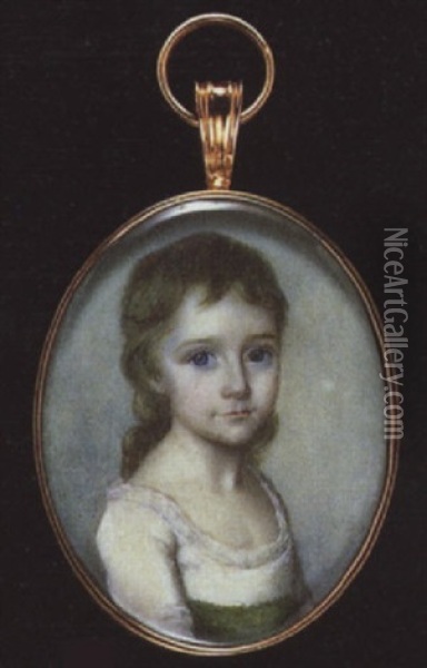 A Child Wearing Low-cut White Dress With Lace Trim And Green Ribbon Waistband Oil Painting - William Singleton