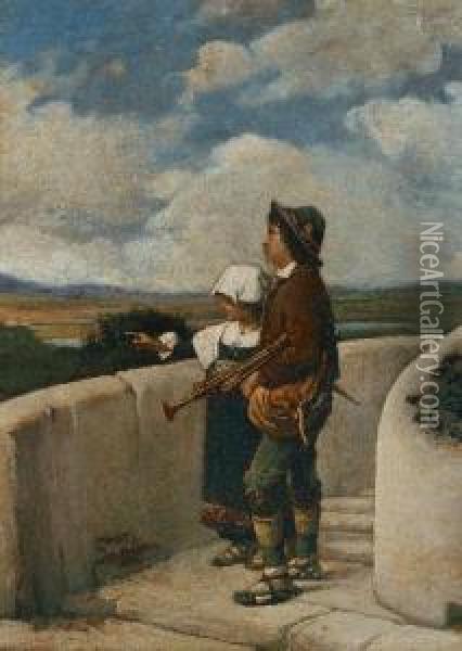 Madchen Und Bube Intracht Vor Landschaft Oil Painting - Girolamo Induno