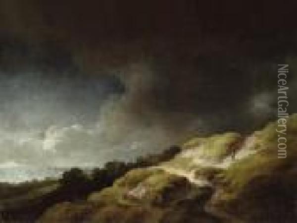 A Dune Landscape With Figures And A Cow On A Hillside, Beneath Astormy Sky Oil Painting - Christian Wilhelm Ernst Dietrich