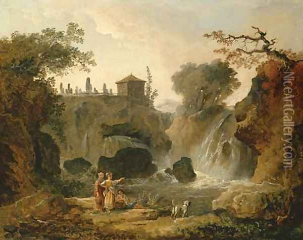 The waterfall at Tivoli with figures resting by the pool Oil Painting - Hubert Robert