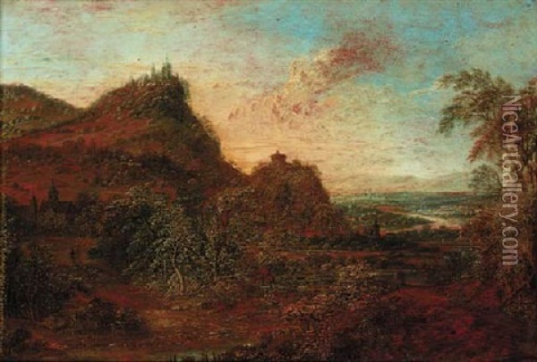 An Extensive Rhenish Landscape At Sunset Oil Painting - Jan Griffier the Elder