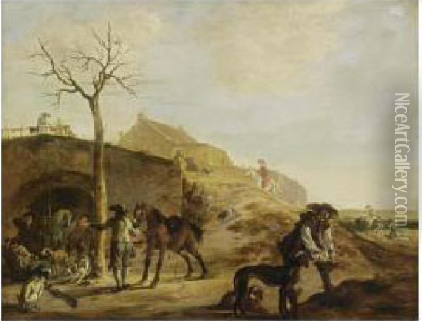 Sportsmen Preparing For The Hunt, Together With Dogs And Horses Oil Painting - Dirck Willemsz. Stoop