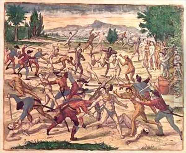 Pedro de Alvarado and his soldiers massacring the Aztecs Oil Painting - Theodore de Bry