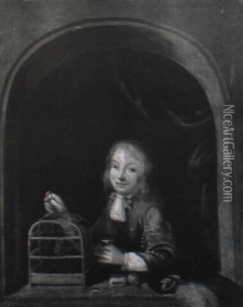 A Young Boy At A Casement With A Caged Bird Oil Painting - Gerrit Dou
