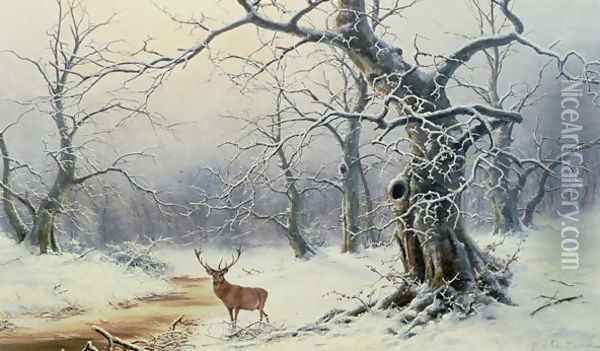 A Stag in a wooded landscape Oil Painting - Nils Hans Christiansen