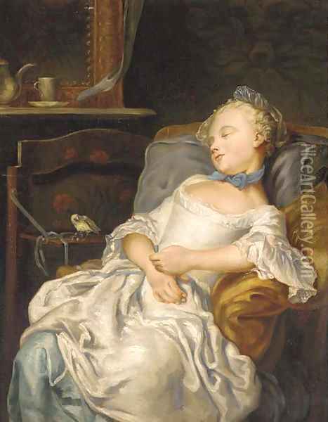 Portrait of a girl sleeping on a chair, a songbird beside her Oil Painting - Jean Francois Colson