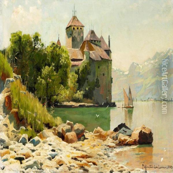 View Of Lake Geneva With Chillon Castle Oil Painting - Peder Mork Monsted