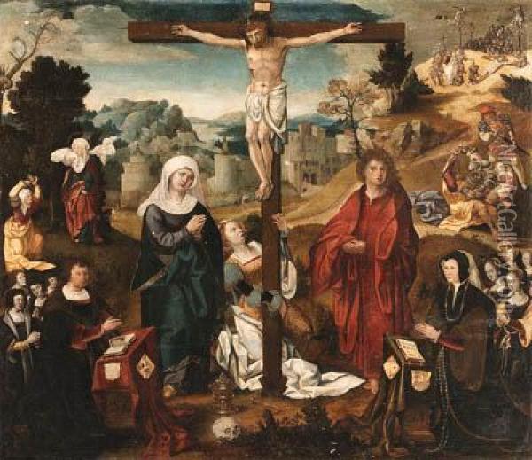 The Crucifixion, With A Donor And Donatrix Oil Painting - Master Of The Von Groote Adoration